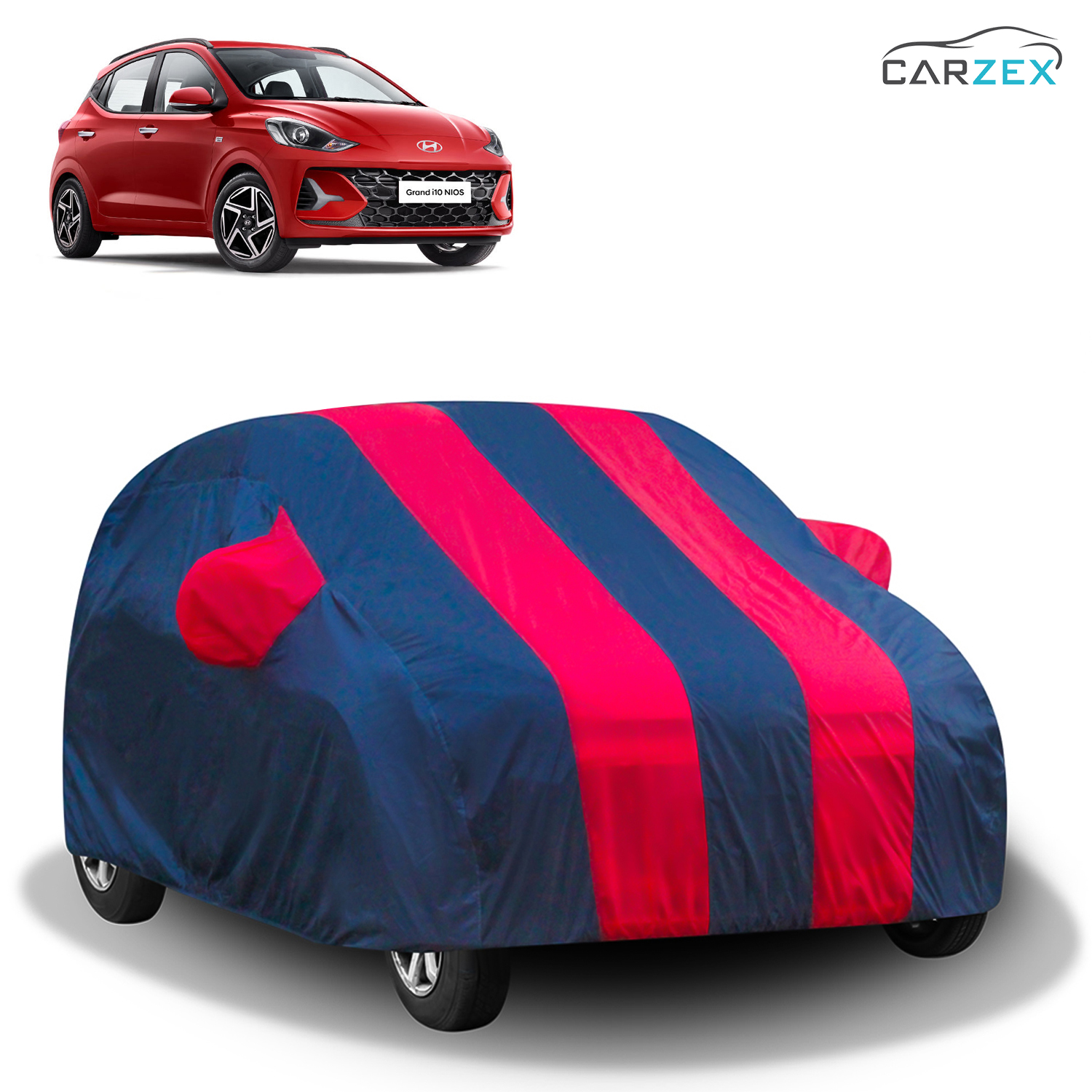 Carzex Stylish Red & Blue Stripes Car Body Cover with Mirror & Antenna Pockets for Hyundai Grand i10 NIOS